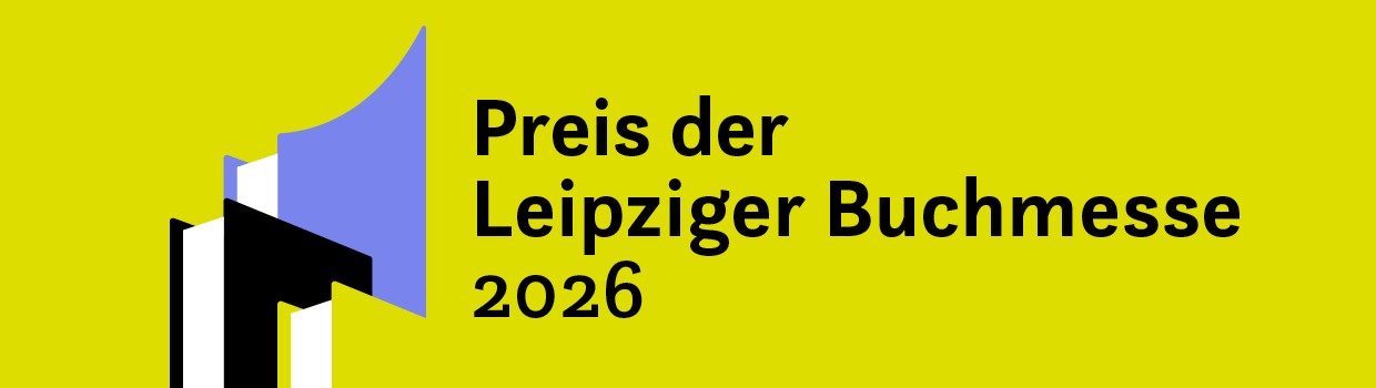 Grafik mit dem Logo vom Preis der Leipziger Buchmesse 2026 auf zitronengelbem Hintergrund und einem angedeuteten Bücherstapel