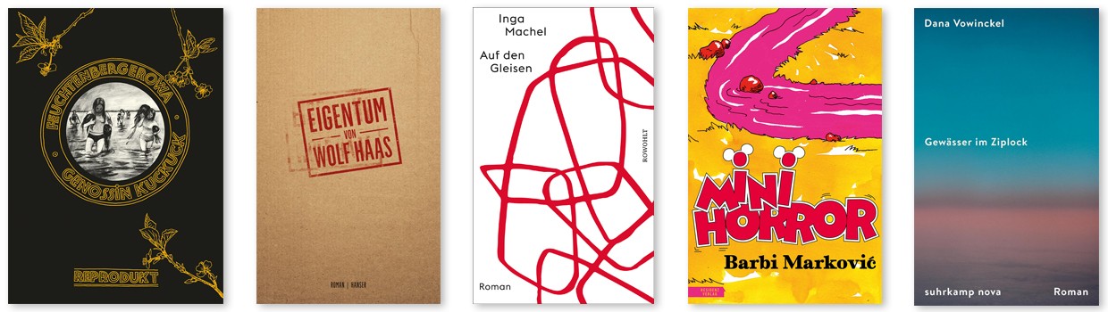 5 nominierte Titelcover für den Preis der Leipziger Buchmesse 2024 in der Kategorie Belletristik