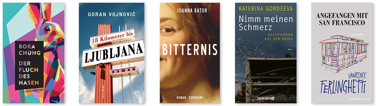 5 nominierte Titelcover für den Preis der Leipziger Buchmesse 2024 in der Kategorie Übersetzung